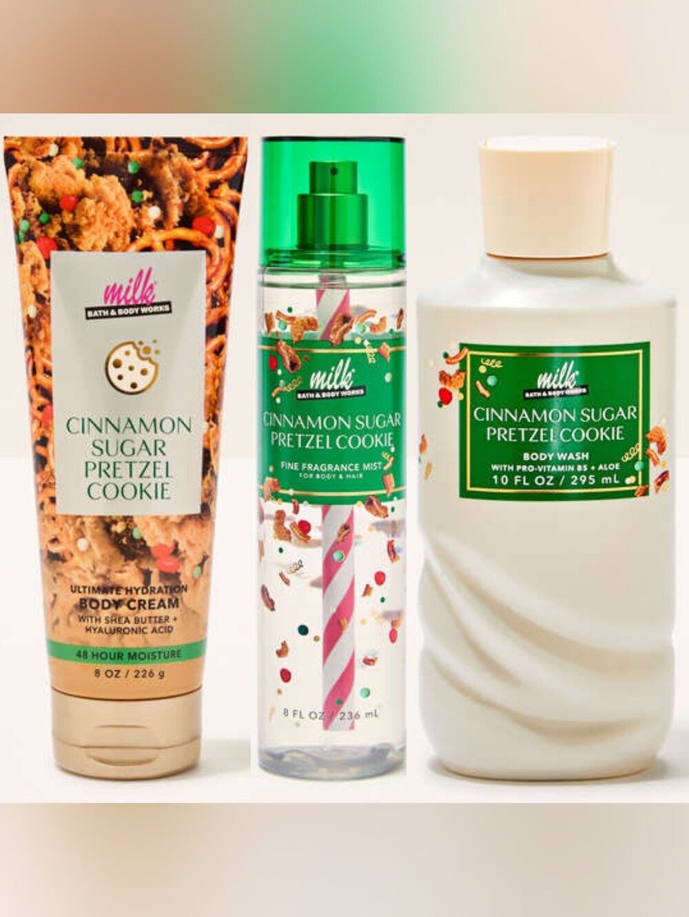 Bath & Body Works Cinnamon Sugar Pretzel Cookie 3pc Body Wash, Cream & Mist Set